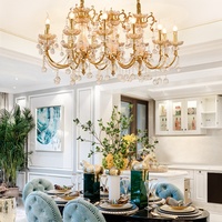 Lustre en cristal long élégant de style européen et américain en cuivre doré français avec LED pour restaurant, luminaire suspendu