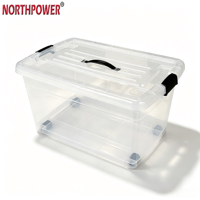 Conteneur de rangement en plastique transparent PP de 45 L, parois épaisses, boîte de transport avec roues et poignée