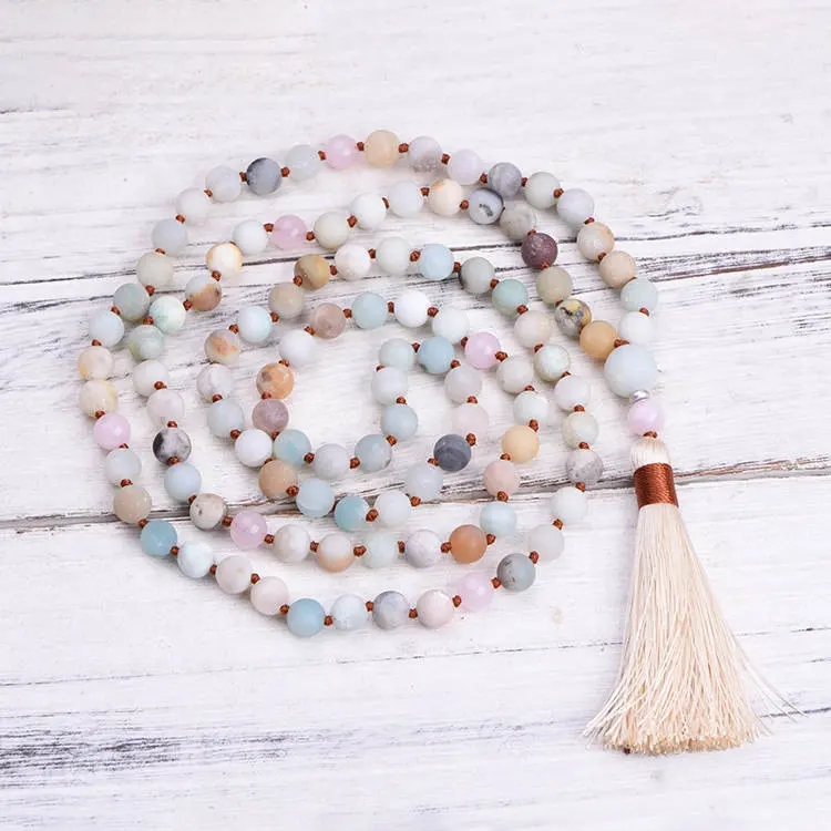 Matte Amazonite Beads Necklace, Long Tassel Earth Tone 108 Mala Japan Mala Beads with Amazonite Guru Bead