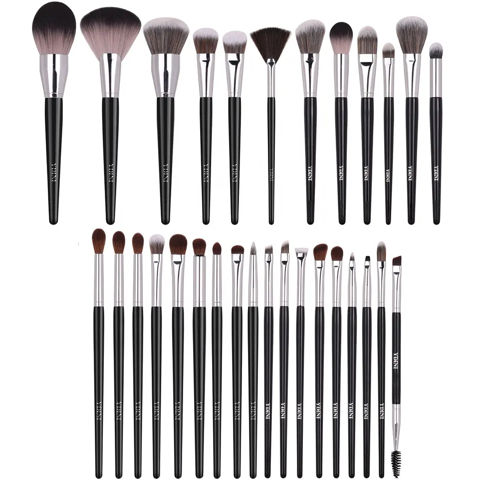 YDINI Set kuas Makeup, kuas Makeup personalisasi dengan pegangan kayu hitam 30 buah