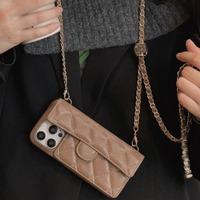 Coque de téléphone de style européen et américain pour iPhone 17 Pro Max 14 Pro, en cuir litchi losanges, avec petite boule dorée, style Maillard, à porter en bandoulière