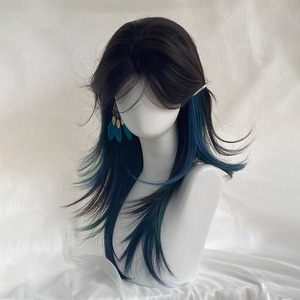 วิกผมยาวตรงสีฟ้าอ่อนแบบมีหน้าม้าปัดข้าง ไฮไลท์สีเขียวอมฟ้า แนวผมธรรมชาติ  ฐานลูกไม้โปร่งใส  แบบเต็มศีรษะ - Product Image 2