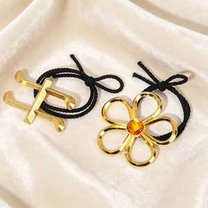 Accessoire de cheveux rond pour femme, style Anime Girl, plaqué or, avec fleur métallique de luxe et motifs géométriques, chouchou élastique pour femmes - Product Image 1