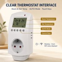 Termostato Enchufable Hysen HY02TPR para Calefacción por Suelo Radiante Eléctrico, Ecológico, Fácil Instalación, Compatible con EU/UK/US/AU/IT, 90-240V 16A