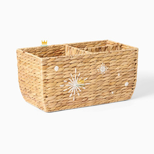 Cesta de almacenamiento rectangular de mimbre con estrellas bordadas en blanco, organizador de fibra vegetal de estilo bohemio para dormitorio infantil - Product Image 1