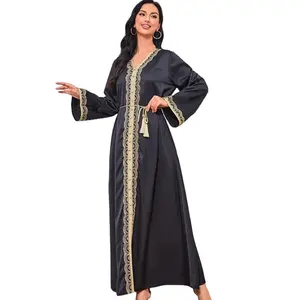 New Summer Embroidered Lace Dress With Thin V-Neck Fashionable Lightweight Arabic Style Traditional Muslim Clothing