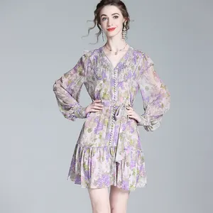 Factory customization women's dresses floral print silk satin dress soft comfortable ladies floral dress