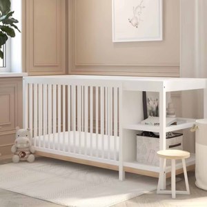 Lit bébé Montessori moderne en bois naturel 4-en-1 avec étagère de rangement et table à langer pour chambre d'enfant, maternelle et préscolaire - Product Image 3