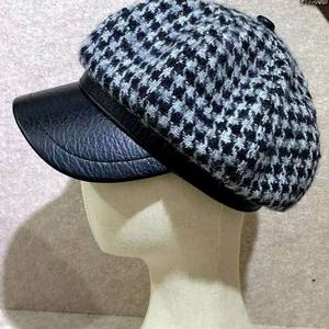 Casquette plate vintage <span class=keywords><strong>en</strong></span> laine et cuir pour femme, style newsboy, à motif pied-de-poule, béret, chapeau octogonal - Product Image 1