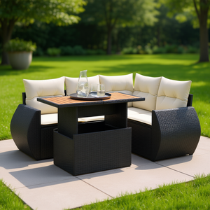Ensemble de canapés de jardin 6 places en rotin PE noir avec coussins en mousse haute densité, design contemporain pour usage extérieur - Product Image 2