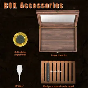 Cedar Wood Cigar Humidifier Box With Precision Digital Hygrometer Tray And Divider Glass Top Manual Humidifier 25-50 Units
