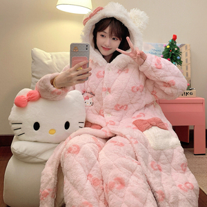 Ensembles de vêtements de nuit, pyjamas d'hiver, robe en coton à trois couches, robe de chambre à motif de dessin animé, poche Kt, pyjama mignon pour filles - Product Image 6