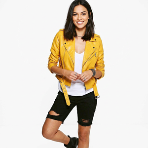 Veste en cuir écologique pour femme avec ceinture flatteuse, choix tendance, jaune - Product Image 4
