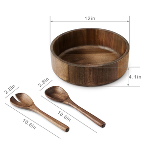 Tazón redondo grande de madera de acacia maciza de <span class=keywords><strong>12</strong></span> pulgadas, tazón para ensaladas de frutas con tenedor y cuchara - Product Image 3