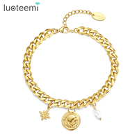 Pièce en or pour femme, Bracelet en perles d'eau douce, fait à la main, bijoux en perles dorées, Bracelet cubain, SP-LAM