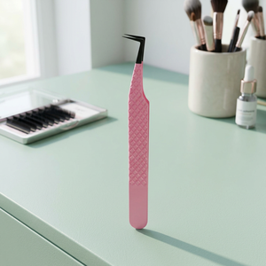 Pinzas angulares para pestañas con punta de fibra rosa, de acero inoxidable, agarre suave, aplicador de precisión para extensiones de pestañas, para artistas profesionales de pestañas - Product Image 4