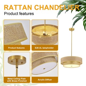 <span class=keywords><strong>Lampadario</strong></span> a 2 Livelli in Rattan Oro <span class=keywords><strong>Beige</strong></span>, Altezza Regolabile, per Sala da Pranzo, Prezzo di Fabbrica - Product Image 3