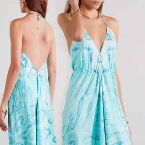 HL Factory Designer Summer Women's Dresses Wholesale Custom Halter Backless Maxi Beach Dress Blue Bohemian Boho Dress