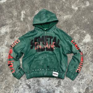 Sudadera con Capucha Estampada de Estilo Urbano Vintage, Sudadera con Capucha Personalizada de Felpa Gruesa con Pedrería, Sudadera con Capucha con Cierre y Lavado Ácido - Product Image 1