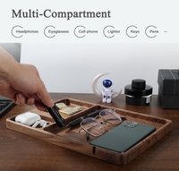 Plateau de rangement en bois de noyer écologique et durable avec chargeur sans fil intégré, organiseur de chevet en similicuir pour homme