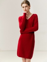 Robe en cachemire pur à 100% à col en V, tricotée, pour femmes, automne et hiver, ample, mi-longue, élégante, robe pull pour le travail
