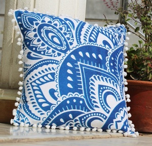 Blue White Bohemian Pattern Cushion Cover Square <b>Shape</b> With Pom Poms Decorative <b>Pillow</b> Case Home Use Printed Design - Product Image 1