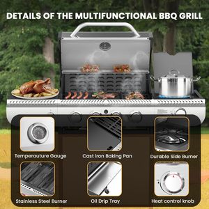 Parrilla de <span class=keywords><strong>barbacoa</strong></span> de <span class=keywords><strong>gas</strong></span> de 4 quemadores con quemador lateral, rejillas de hierro fundido esmaltadas de porcelana, bandeja para hornear para cocinar al aire libre y barbacoas de patio - Product Image 3