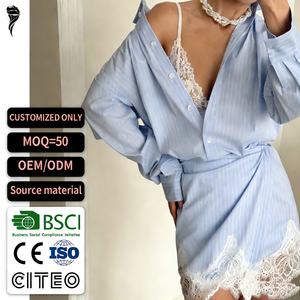 เดรสเชิ้ตสั่งตัดคุณภาพสูง คอวี แขนยาว ผ้าฝ้าย แต่งลูกไม้ ทรงมินิเดรส - Product Image 1