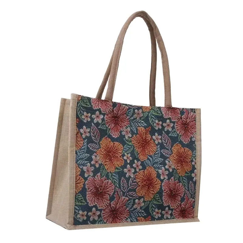 New style cotton linen large capacity printed single shoulder tote women jute bag with pocket