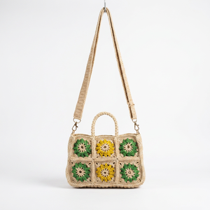 Sac à bandoulière pour femme en crochet, motif floral, style bohème, usage quotidien estival, fermeture à deux fermetures éclair, beige, vert, jaune, 50-65 cm - Product Image 1