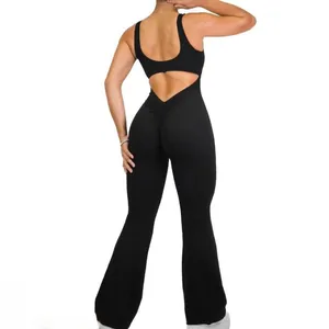 Macacão de ioga feminino com costas abertas, roupa de treino para academia ativa, calças flare, bodycon, novidade