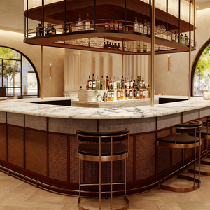 Balcão Curvo de Luxo Retrô com Estrutura de Metal Latão e Prateleiras de Madeira, Estilo Boutique de Alta Qualidade com Faixas de LED - Product Image 2