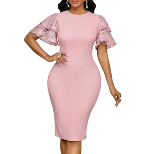 <span class=keywords><strong>Abito</strong></span> <span class=keywords><strong>midi</strong></span> da donna elegante a doppio strato in pizzo rosa cipria con maniche a volant, scollo rotondo, vita alta, aderente, per ufficio, lavoro, cocktail o feste - Product Image 1