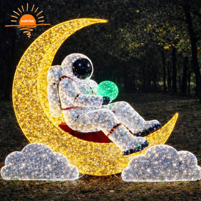 New year's LED Astronaut Crescent Moon Sculpture Decorative Space Theme Lighting for Park Plaza Christmas Light Show