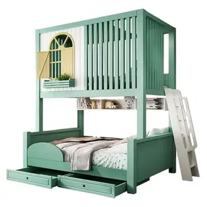 Set furnitur kamar tidur anak-anak, tempat tidur kayu Solid, tempat tidur ganda dengan kabinet tangga untuk anak-anak