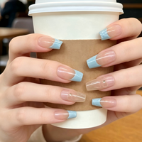 Faux ongles longs en forme de cercueil, bleu clair dégradé, 3D embossé, amovibles, à presser, pour femmes, avec strass transparents
