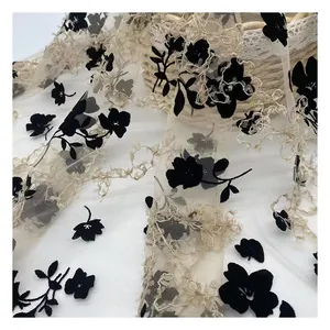 Customized High Quality Flocking Mesh Fabric 100%Polyester Mesh Fabric with Flower Flocking Fabric for Tulle Dance Cloths