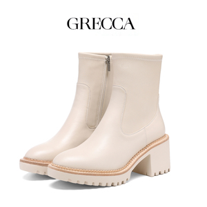 Stivaletti Casual da Donna in Pelle di Alta Qualità con Design Retrò Elegante, Tacco Grosso e Dettaglio Laterale in Metallo, Modello Slip-On con Aumento di Altezza - Product Image 2