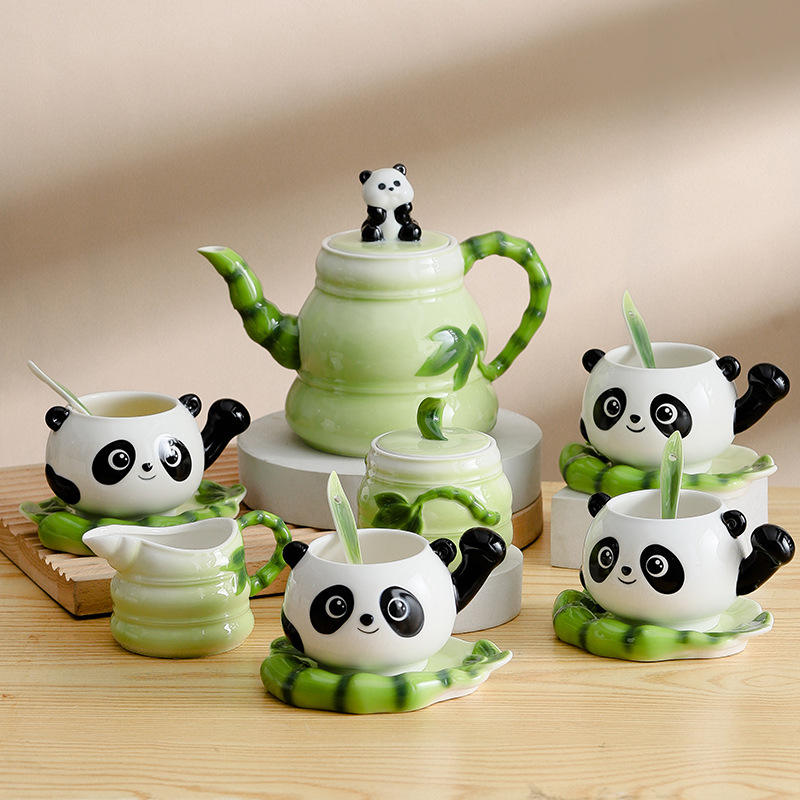 China Lovely Enamel Panda Mug Set of 15/13 Piece Ceramic Coffee Cup Set with 3D Panda Lid and Spoon for Panda Lovers