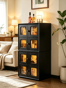 Modern Black Stackable Cabinet with Glass Doors and Internal Lighting for Entryway <b>Storage</b> - Product Image 5