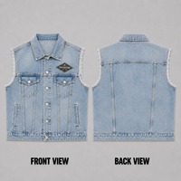 Gilet en jean vintage personnalisé pour homme, bleu clair, à bords bruts, sans manches, avec étiquette patch, style motard et camionneur, à prix bas