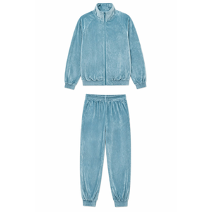 Ensemble de survêtement homme 2 pièces streetwear en velours bleu poussière personnalisé, avec fermeture éclair intégrale, manches raglan, col montant et poignets côtelés - Product Image 4