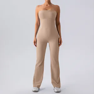 Macacão sem alças sutiã justo novo verão tecido com nervuras esportes fitness queimado uma peça roupas de ginásio para mulher