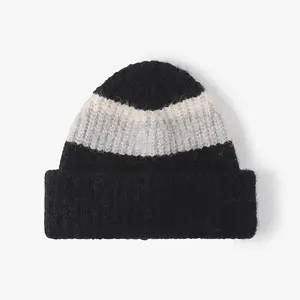 Jacquard Fashion Winter Double Flipped Edge Stripe Beanie Ski Hats Knitted Cuff Cuffed Wool Beanie Caps With Custom Logo