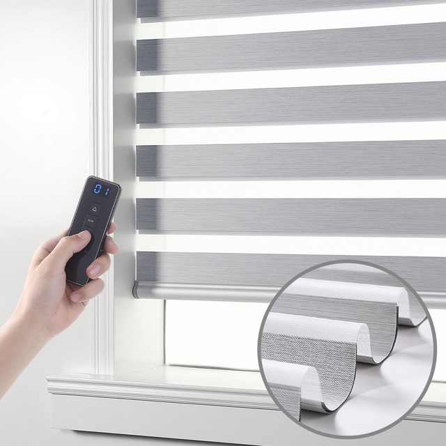 Battery Powered Bluetooth Motorized Vertical Double Layer Zebra Blinds Light Filtering UV Protection Indoor Bedroom Living Room