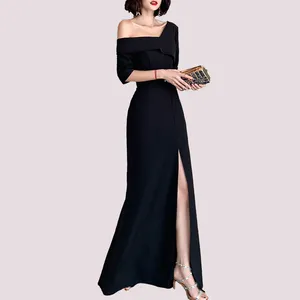 Black Slit Evening Dress Host Dress Skirt 2023 New Style Usually Wearable Self-cultivation Temperament Celebrity Banquet Female