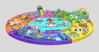 Île de loisirs gonflable personnalisée avec passerelles flottantes, sièges ombragés et zone aquatique pour enfants pour projets d'attractions lacustres