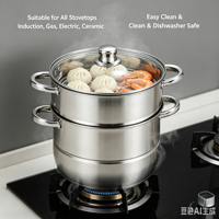 Ensemble de casseroles en acier inoxydable à 2 niveaux, cuiseur vapeur avec couvercle en verre, compatible induction, passe au lave-vaisselle, écologique, capacité de 4 à 14 L