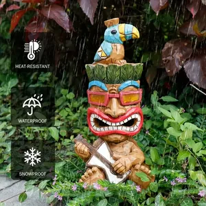 Estatua Tiki con Guitarra, Energía Solar, Figura de Resina con Ojos LED Brillantes, Decoración <span class=keywords><strong>Tropical</strong></span> para Patio o Bar - Product Image 4