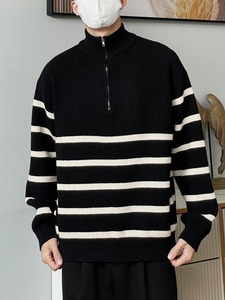 Suéter de Moda Otoñal para Hombre, 100% Algodón, Cuello Redondo, Rayado, Manga Larga, Tejido, Transpirable, Decoración con Patrón Frontal - Product Image 3